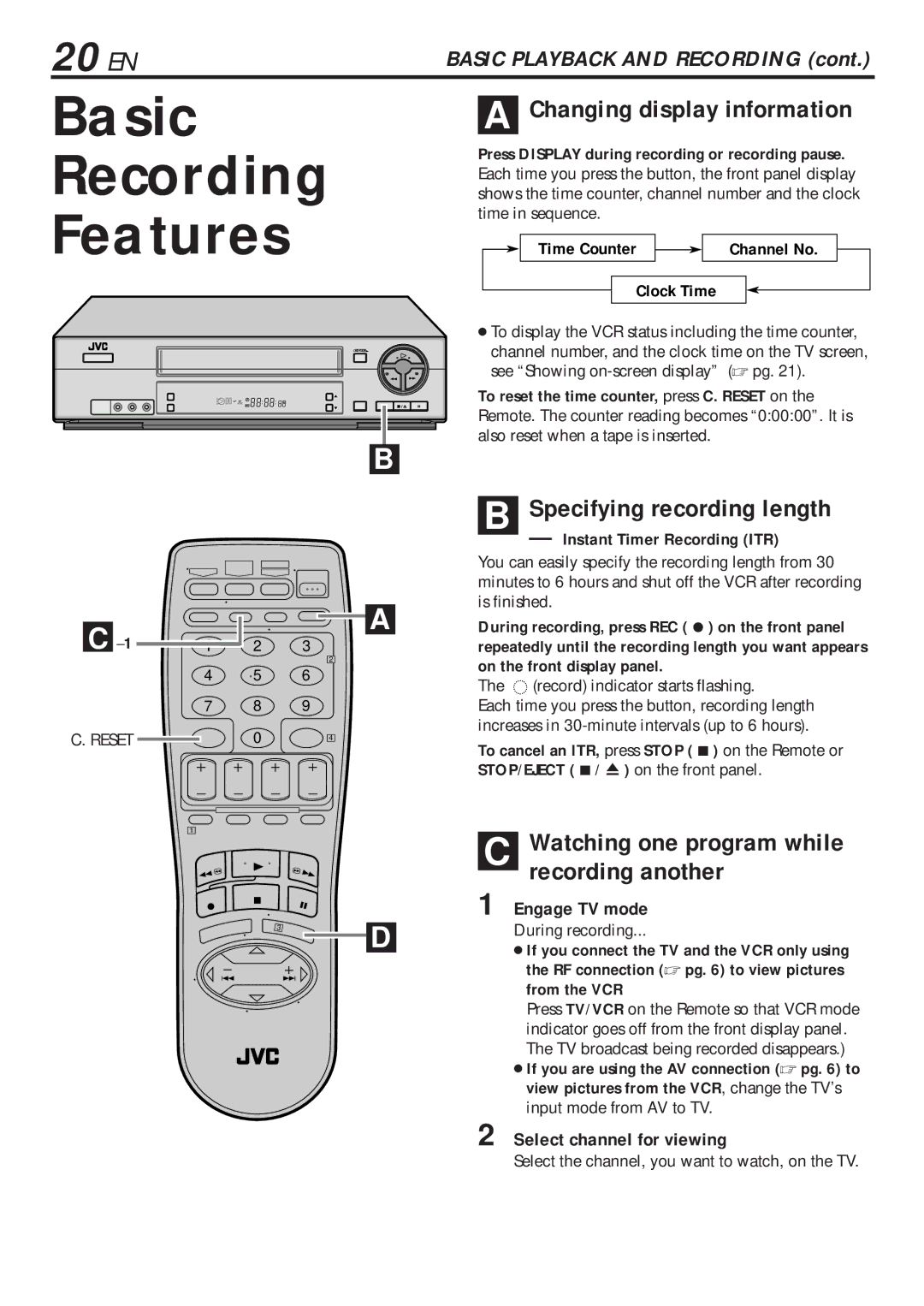 JVC HR-VP680U Basic Recording Features, 20 EN, Specifying recording length, Watching one program while recording another 