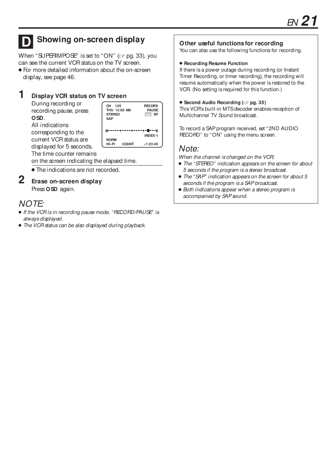 JVC HR-VP680U manual Showing on-screen display, Display VCR status on TV screen, Erase on-screen display 