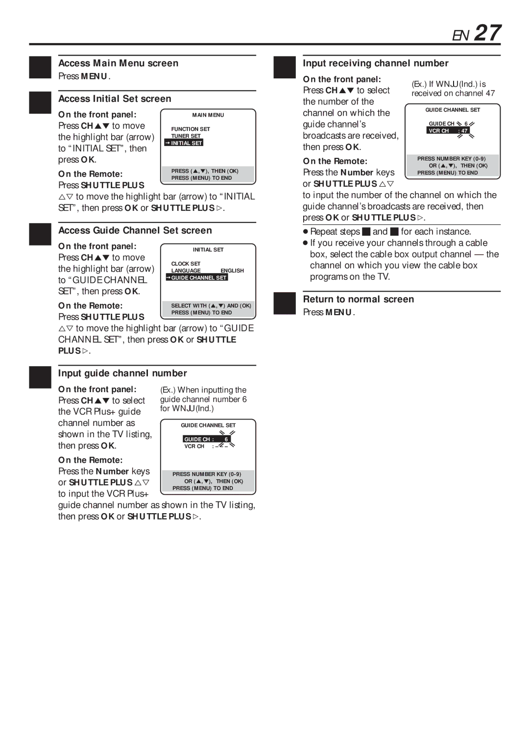 JVC HR-VP680U manual Access Guide Channel Set screen, Input guide channel number 