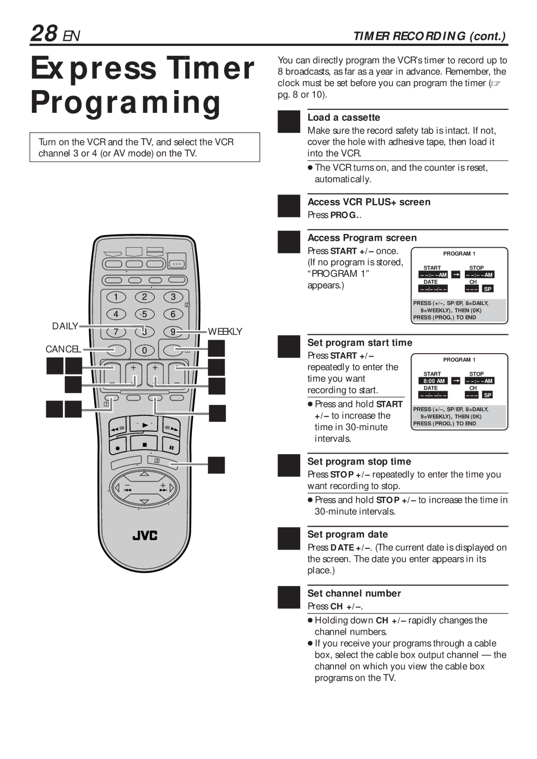 JVC HR-VP680U manual Express Timer Programing, 28 EN 