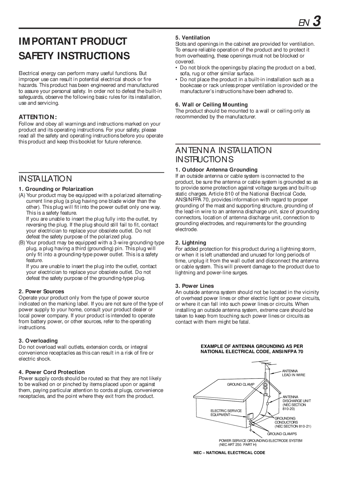 JVC HR-VP680U Grounding or Polarization, Power Sources, Ventilation, Wall or Ceiling Mounting, Outdoor Antenna Grounding 