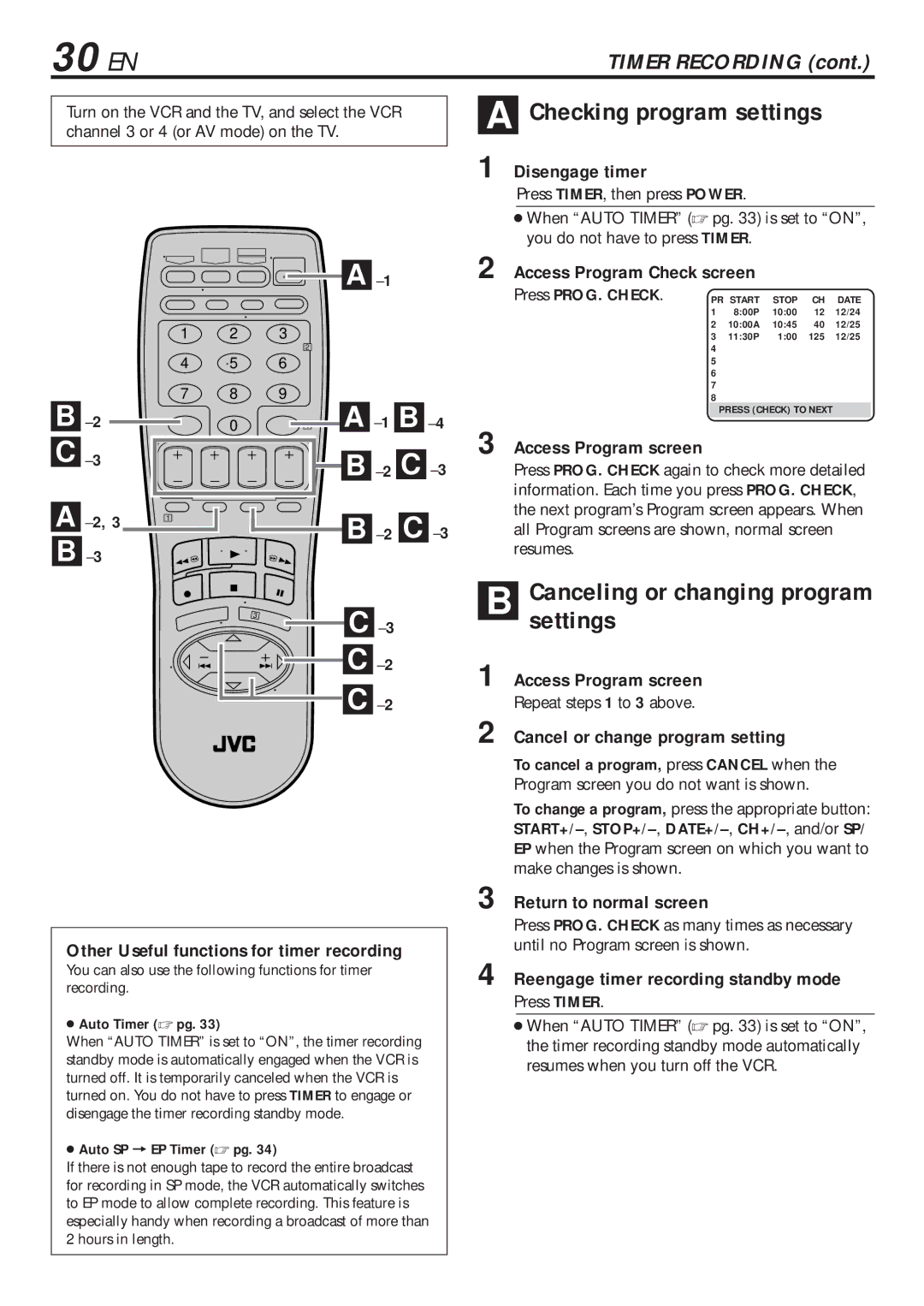 JVC HR-VP680U manual 30 EN, Checking program settings 