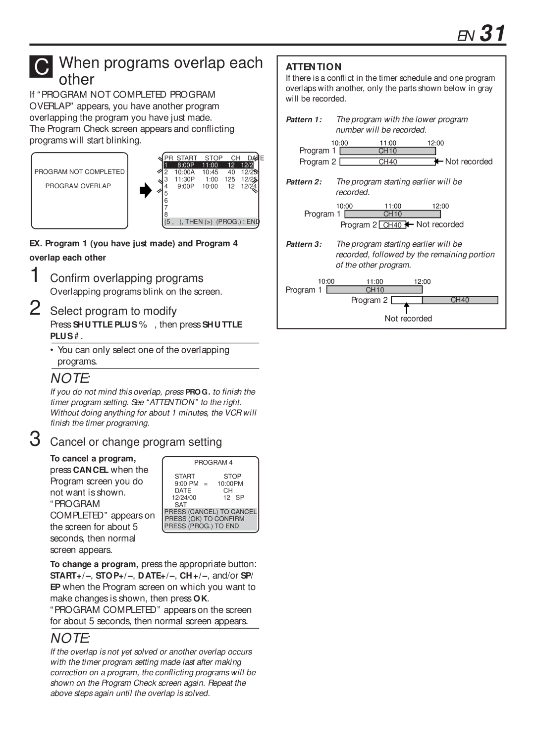 JVC HR-VP680U manual Confirm overlapping programs, Select program to modify, Overlapping programs blink on the screen 