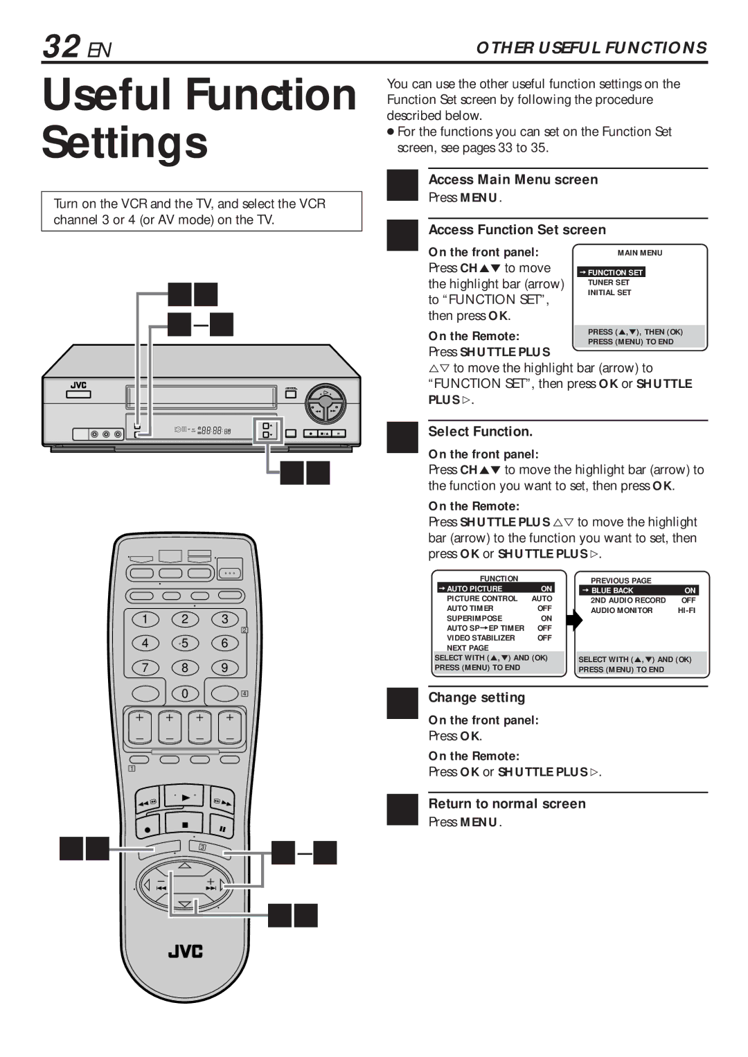 JVC HR-VP680U Useful Function Settings, 32 EN, Select Function, Change setting, On the Remote Press OK or Shuttle Plus # 