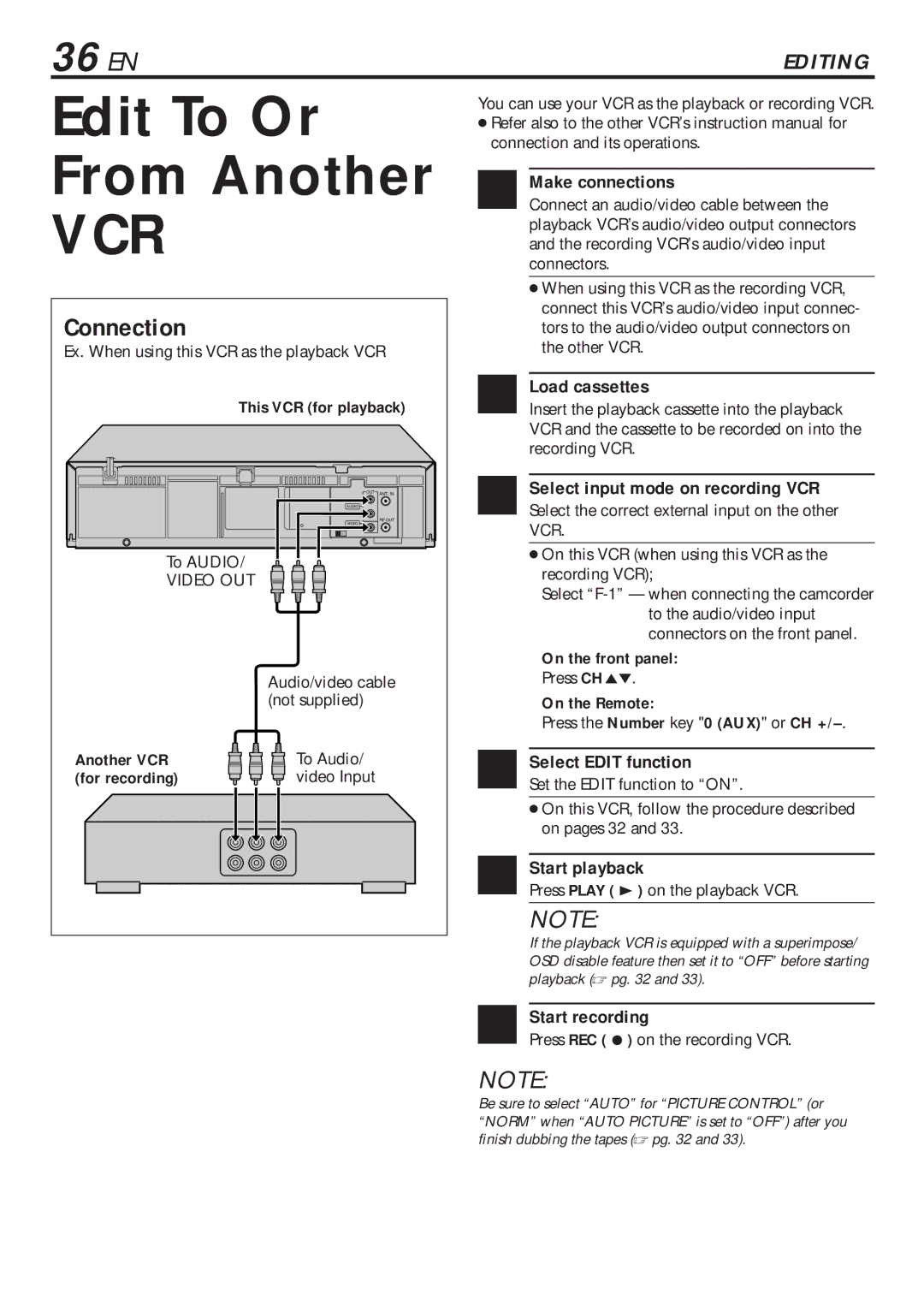 JVC HR-VP680U manual Edit To Or From Another, 36 EN, Connection 