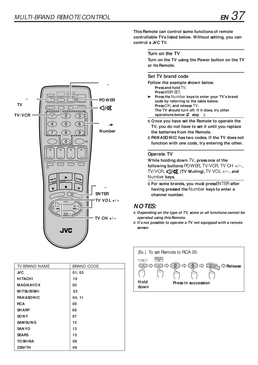 JVC HR-VP680U manual TV Brand Setting, Turn on the TV, Set TV brand code, Operate TV, Ex. To set Remote to RCA 