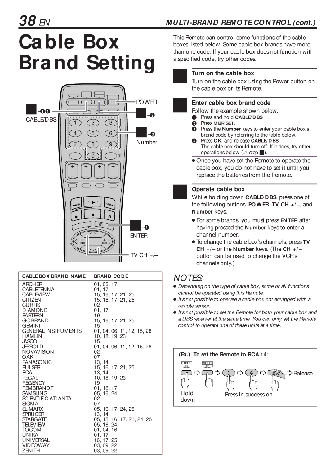 JVC HR-VP680U manual Cable Box Brand Setting, 38 EN, Turn on the cable box, Operate cable box, Ex. To set the Remote to RCA 