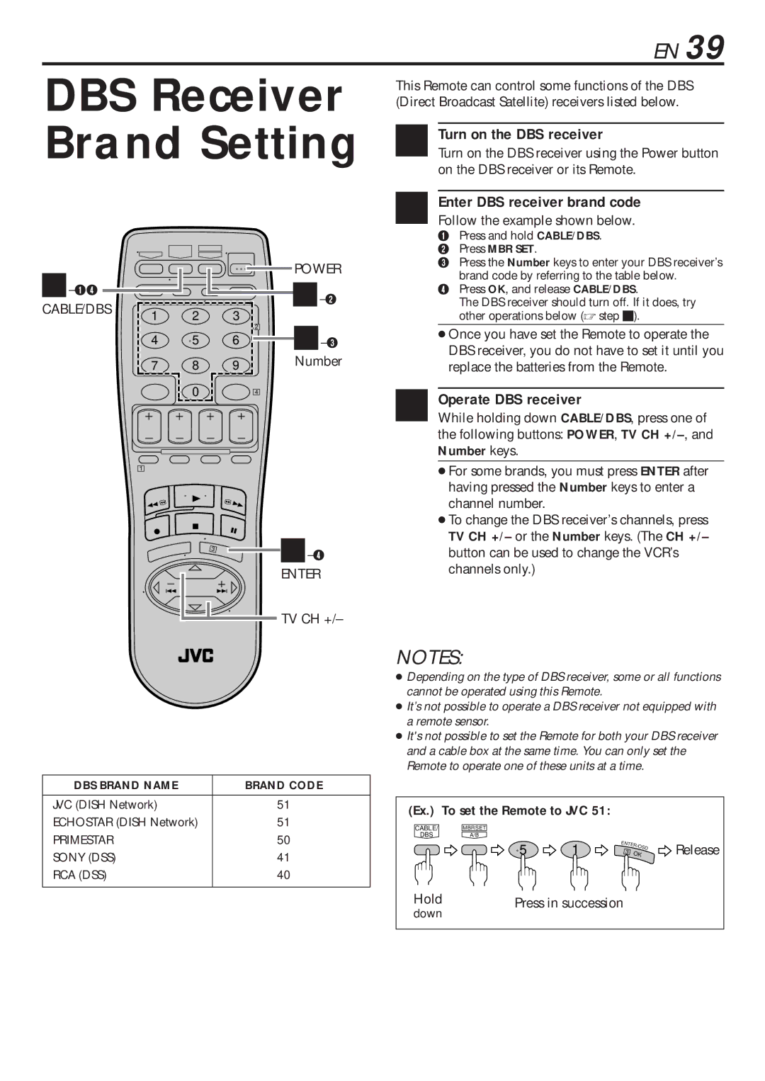 JVC HR-VP680U manual DBS Receiver Brand Setting, Turn on the DBS receiver, Operate DBS receiver, Number 