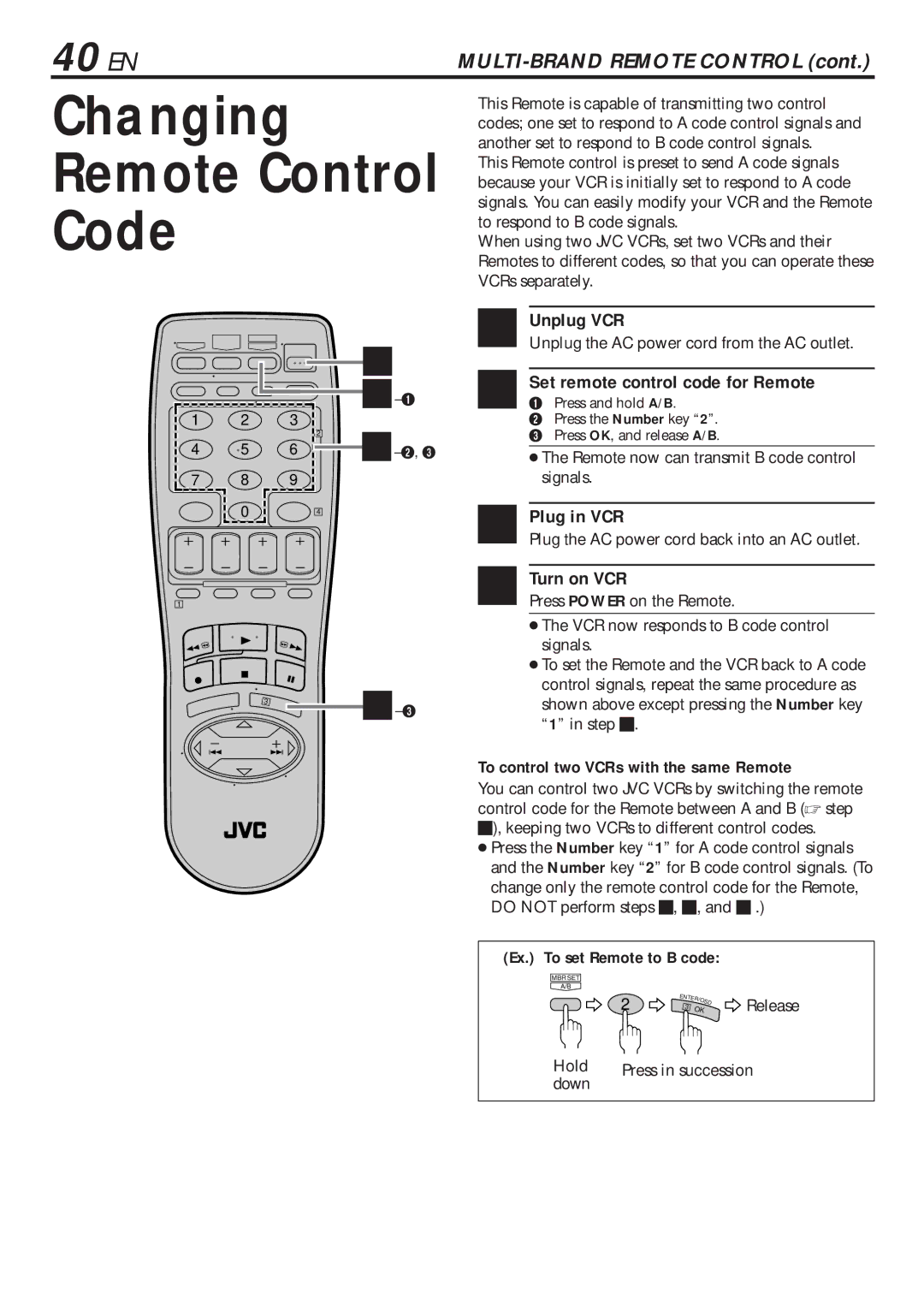 JVC HR-VP680U manual Changing Remote Control Code, 40 EN 