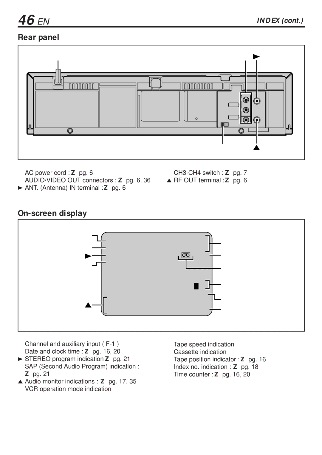 JVC HR-VP680U manual 46 EN, Rear panel, On-screen display 