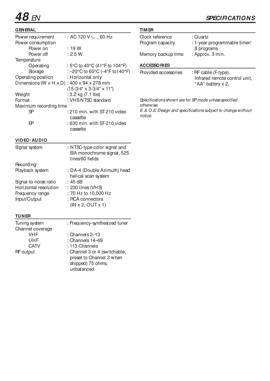 JVC HR-VP680U manual 48 EN, Specifications 