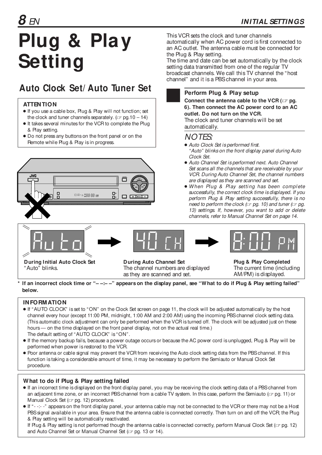 JVC HR-VP680U manual Plug & Play Setting, Perform Plug & Play setup, What to do if Plug & Play setting failed 