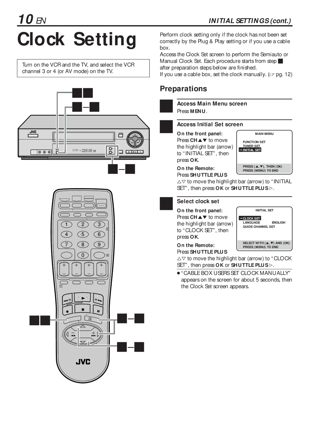 JVC HR-VP682U manual Clock Setting, 10 EN, Preparations, Select clock set 