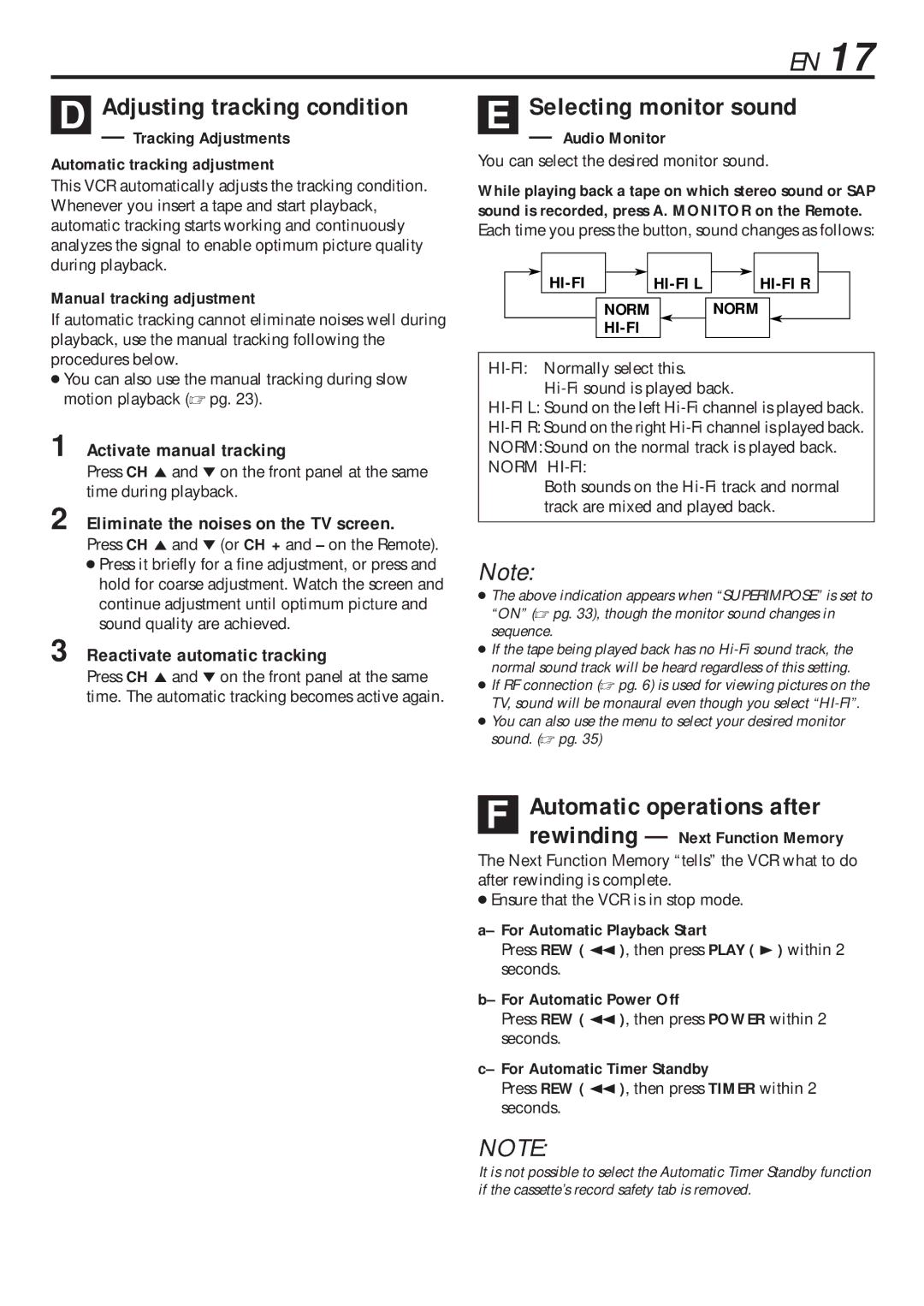 JVC HR-VP682U manual Adjusting tracking condition, Selecting monitor sound, Automatic operations after 