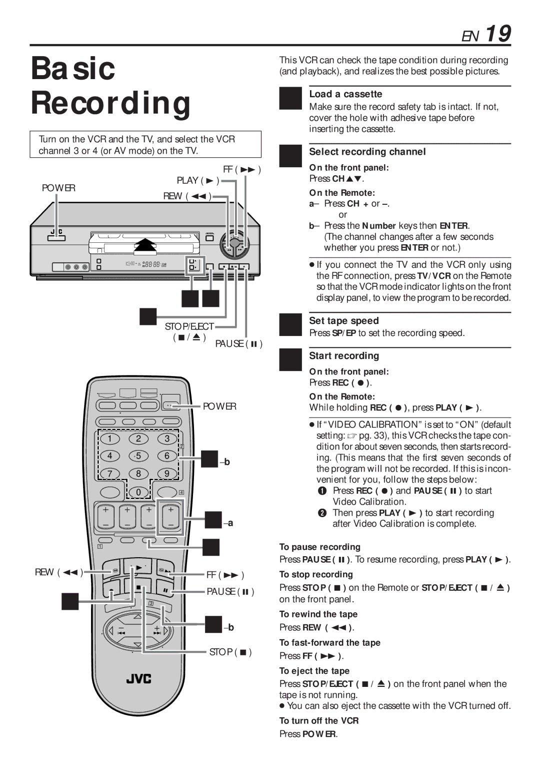 JVC HR-VP682U manual Basic, Recording, Select recording channel, Set tape speed, Start recording 