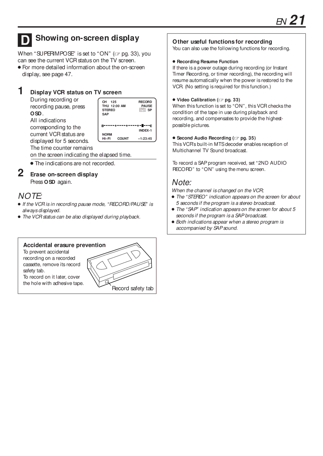 JVC HR-VP682U manual Showing on-screen display, Display VCR status on TV screen, Erase on-screen display 