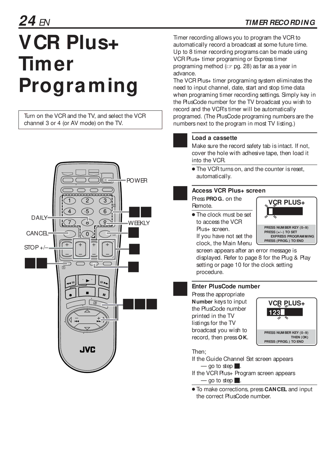 JVC HR-VP682U manual VCR Plus+ Timer Programing, 24 EN, Access VCR Plus+ screen 