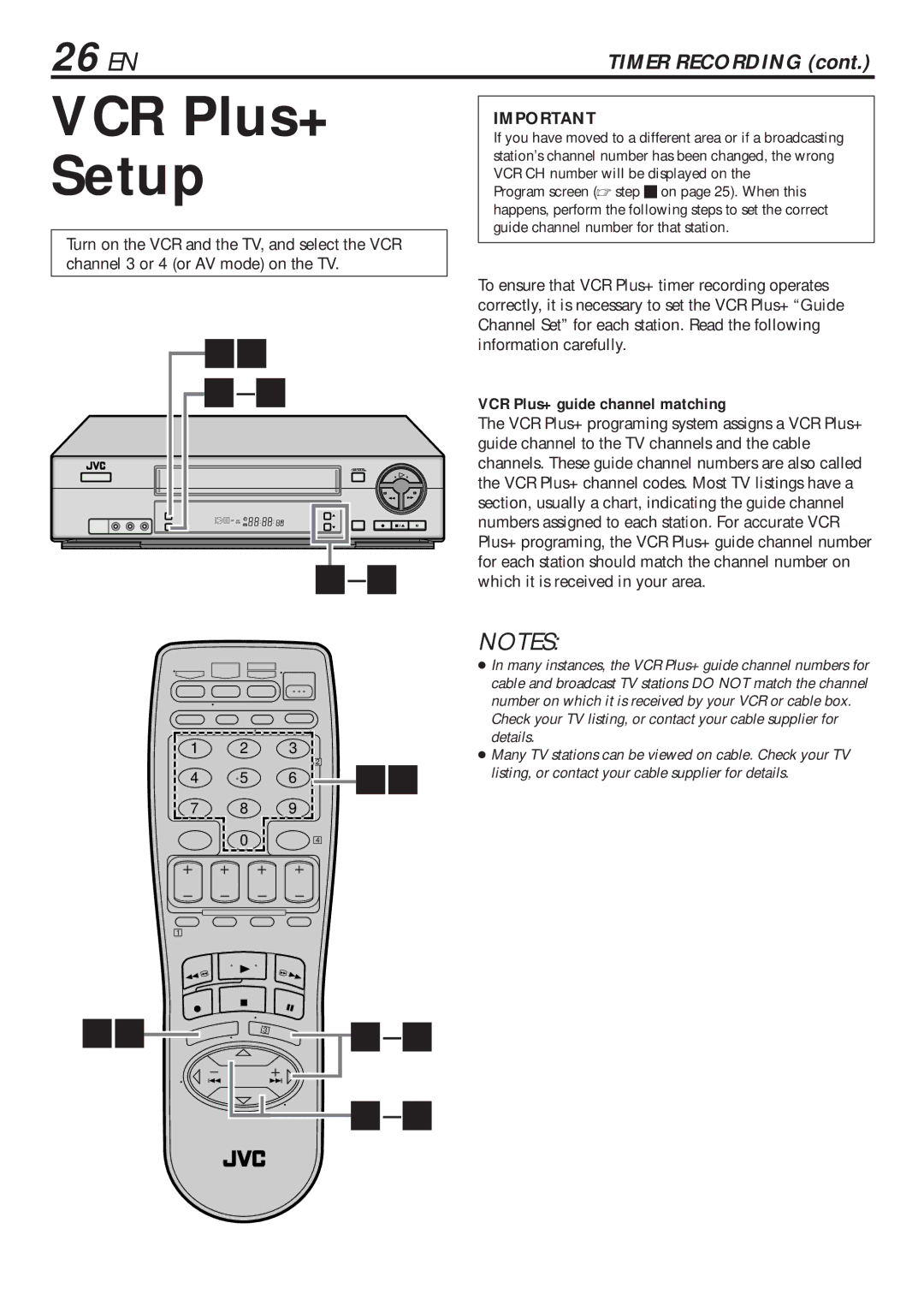 JVC HR-VP682U manual VCR Plus+ Setup, 26 EN, VCR Plus+ guide channel matching 