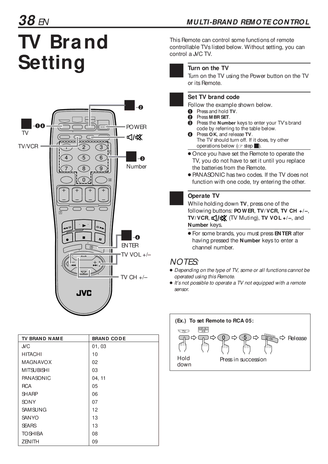 JVC HR-VP682U manual TV Brand Setting, 38 EN, Turn on the TV, Set TV brand code, Operate TV 