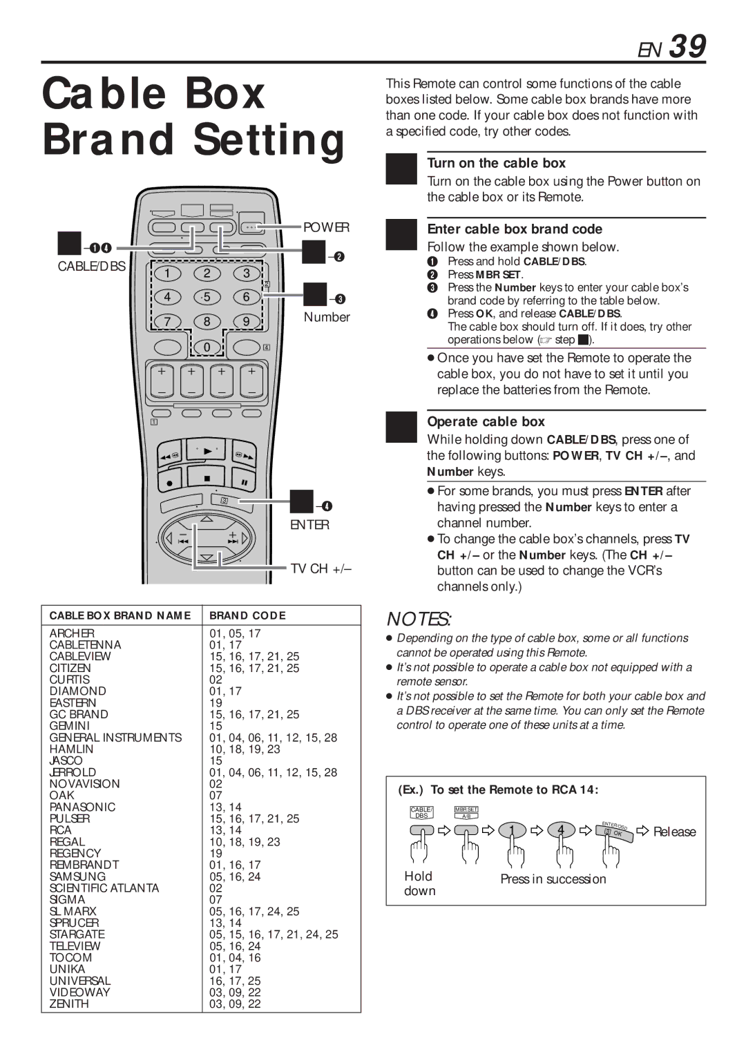 JVC HR-VP682U manual Cable Box Brand Setting, Turn on the cable box, Operate cable box, Ex. To set the Remote to RCA 