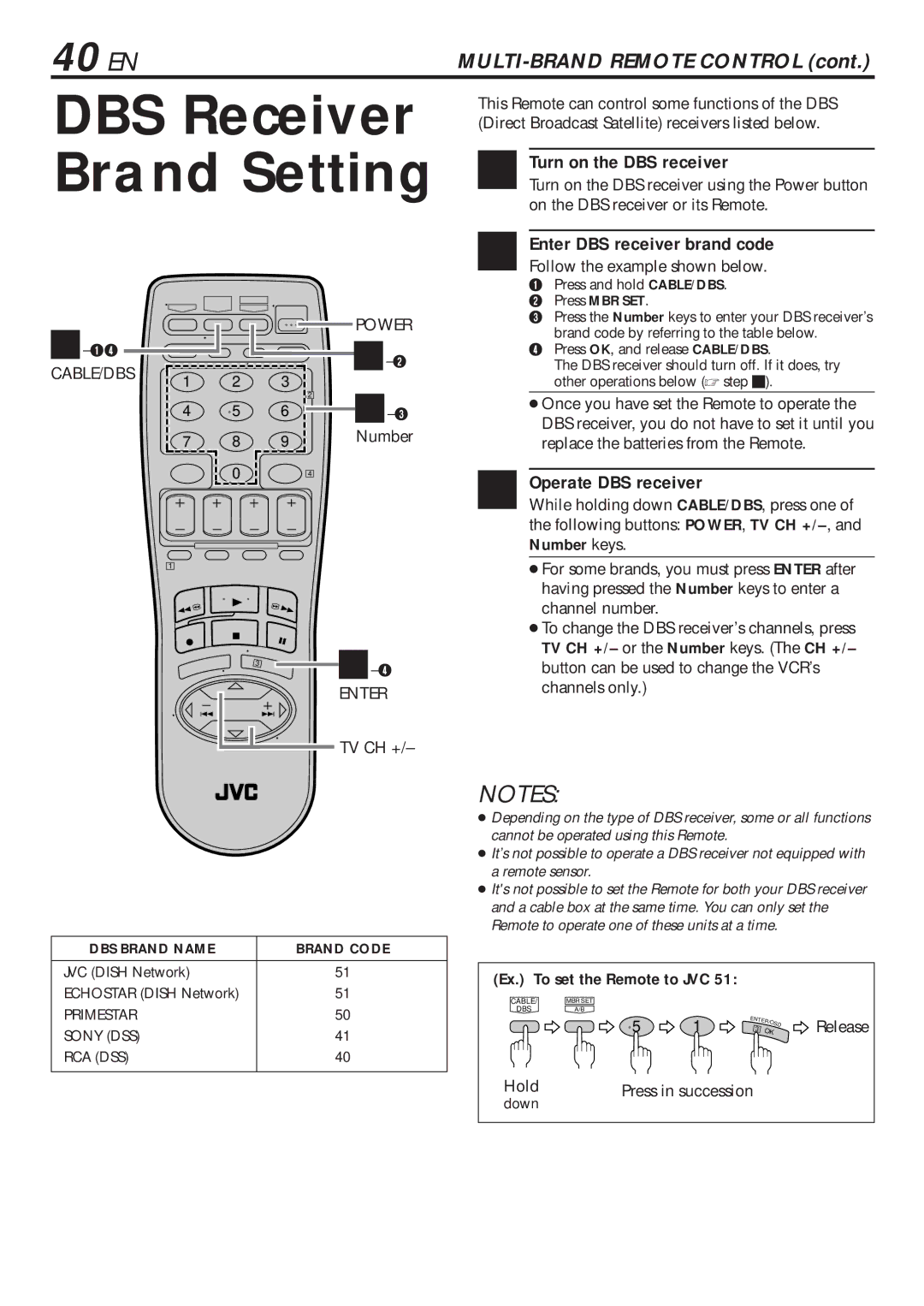 JVC HR-VP682U manual DBS Receiver Brand Setting, 40 EN, Turn on the DBS receiver, Operate DBS receiver 