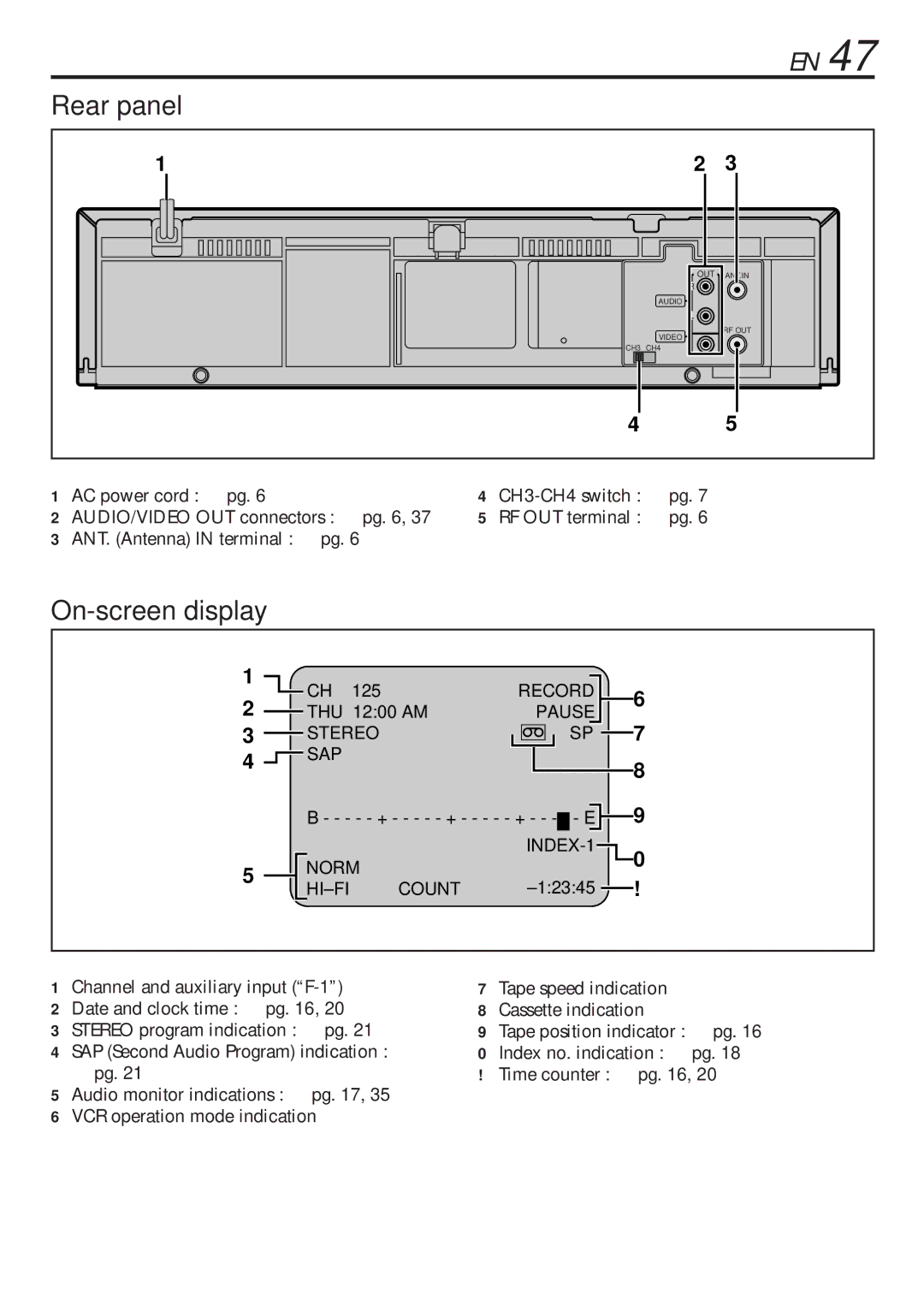 JVC HR-VP682U manual Rear panel, On-screen display 