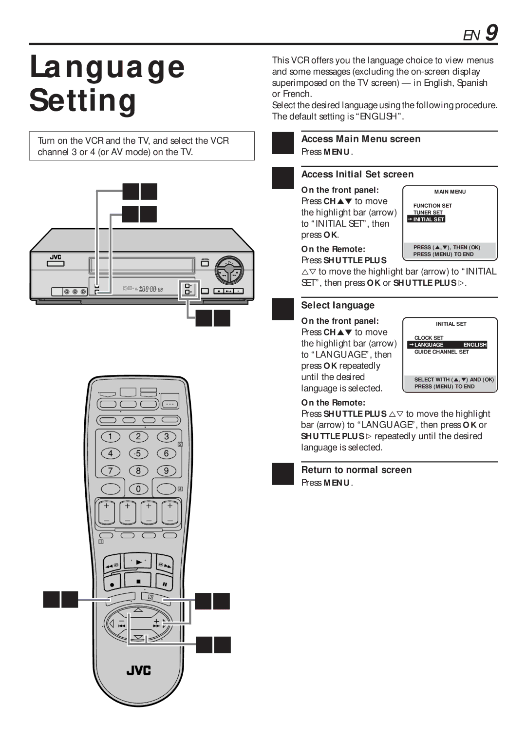 JVC HR-VP682U manual Language Setting, Access Main Menu screen, Access Initial Set screen, Select language 