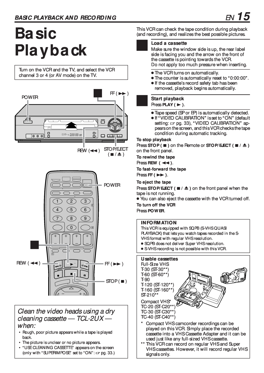 JVC HR-VP682U Basic Playback And Recording, Load a cassette, To stop playback, To rewind the tape, To eject the tape 