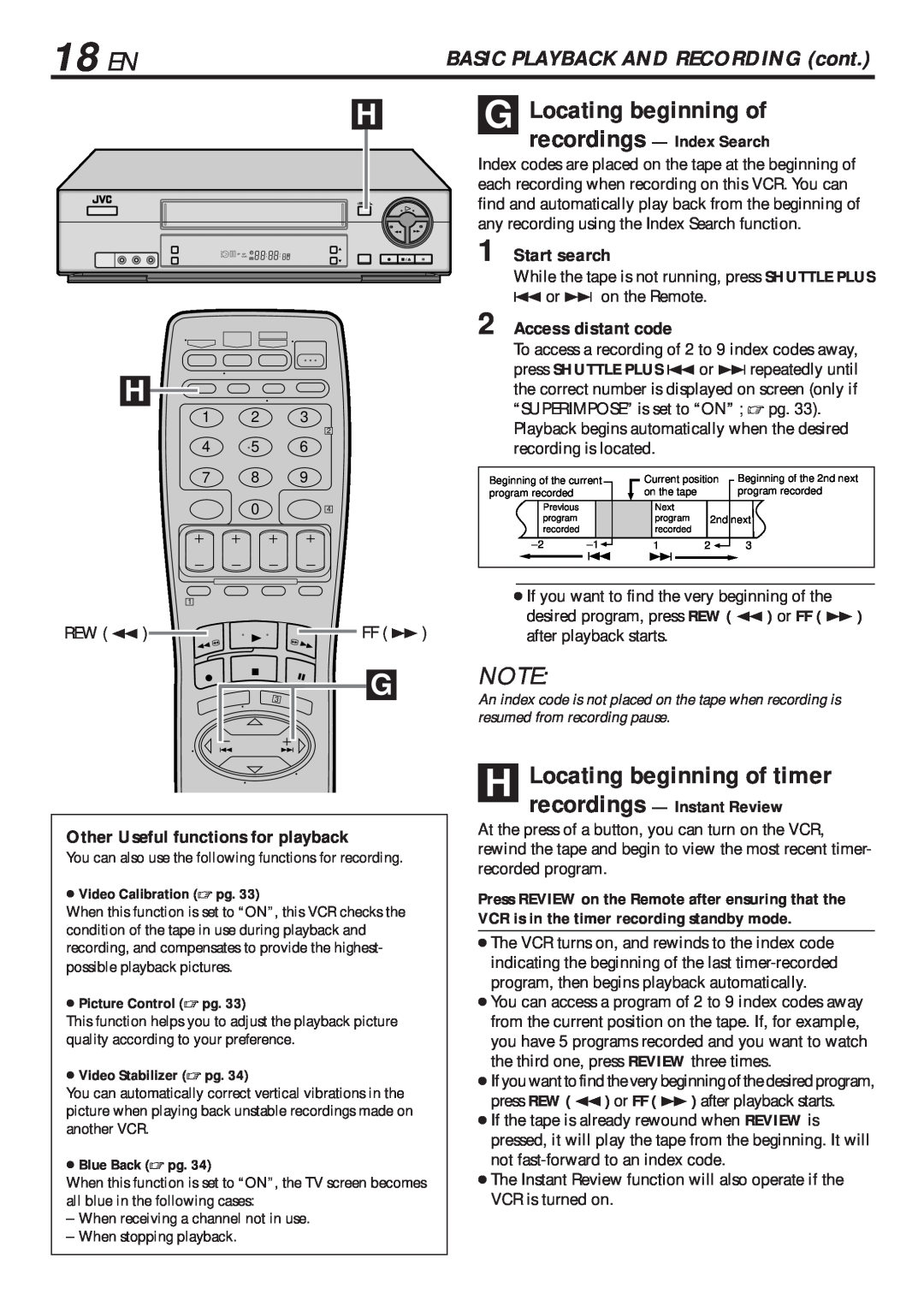 JVC HR-VP682U manual 18 EN, G Locating beginning of, H Locating beginning of timer, Start search, Access distant code 