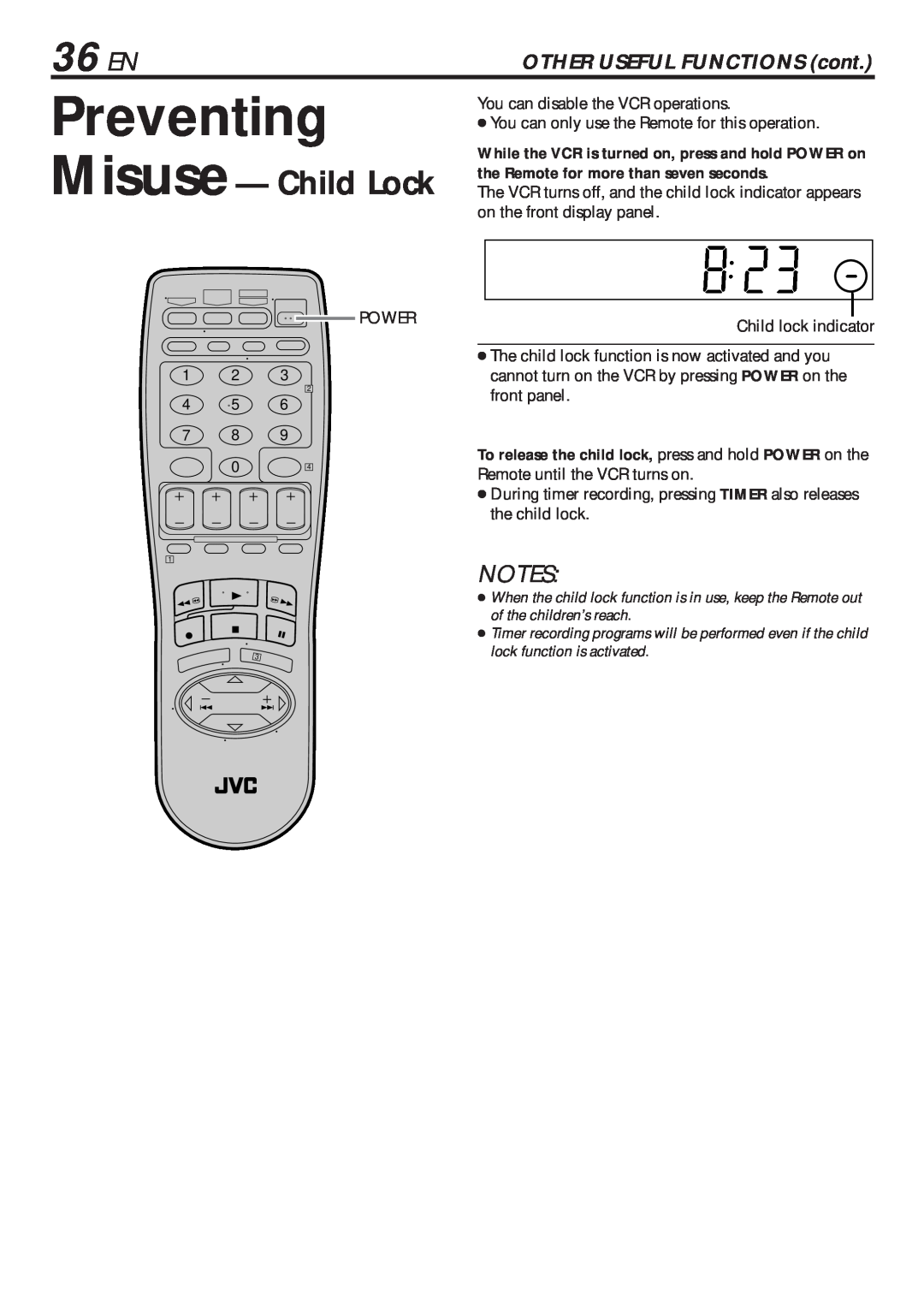 JVC HR-VP682U manual Preventing, 36 EN, Misuse- Child Lock, OTHER USEFUL FUNCTIONS cont 