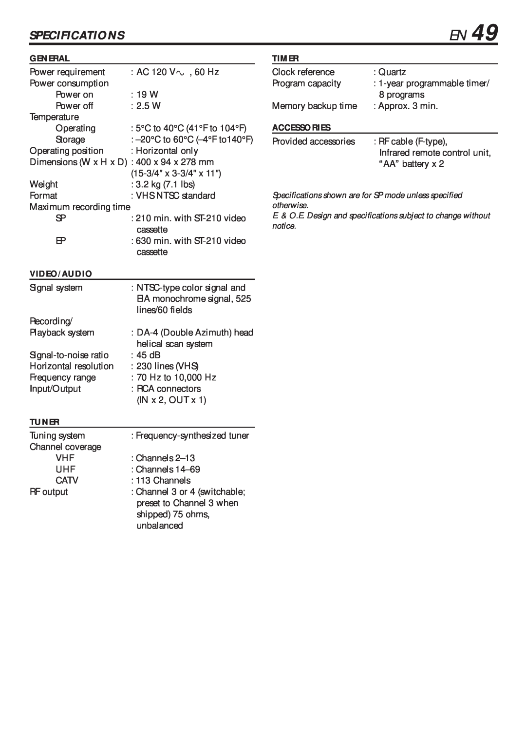JVC HR-VP682U manual Specifications 