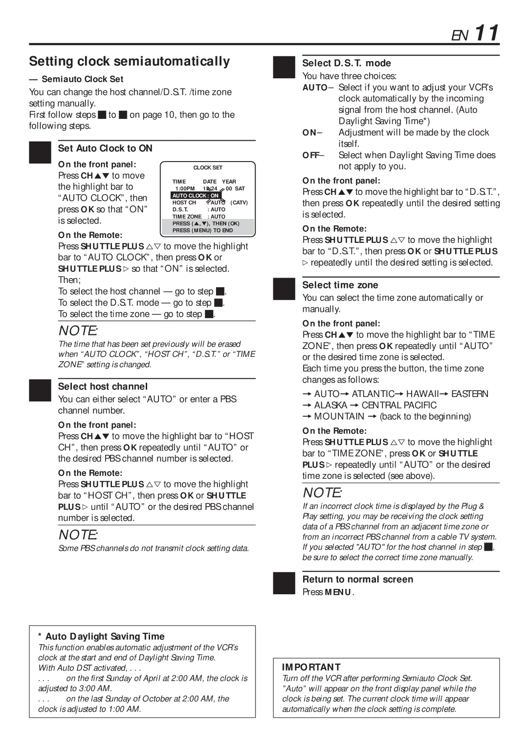 JVC HR-VP683U manual Setting clock semiautomatically, Set Auto Clock to on, Select host channel, Select time zone 