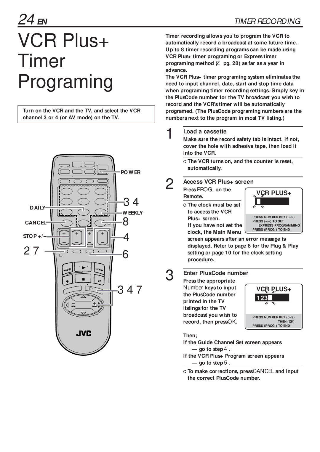 JVC HR-VP683U manual VCR Plus+ Timer Programing, 24 EN, Access VCR Plus+ screen 