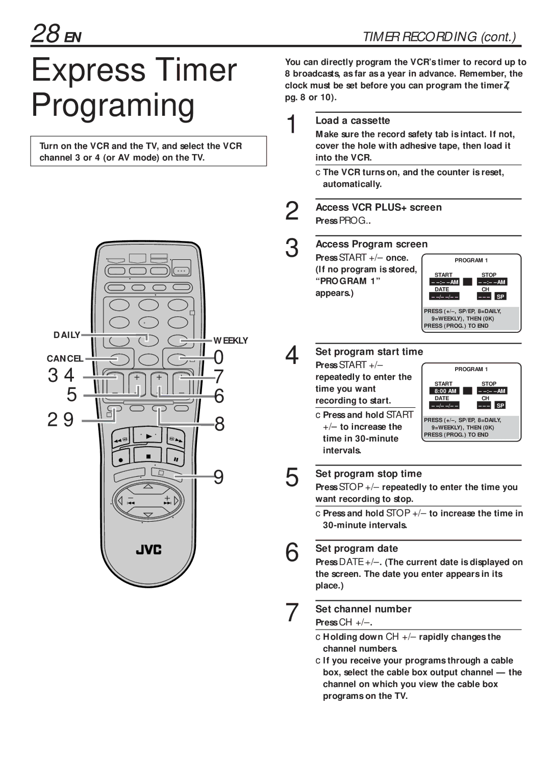 JVC HR-VP683U manual Express Timer Programing, 28 EN 