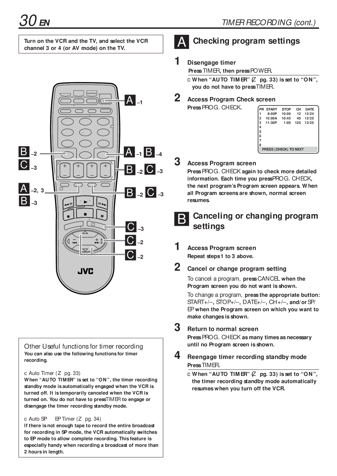 JVC HR-VP683U manual 30 EN, Checking program settings 