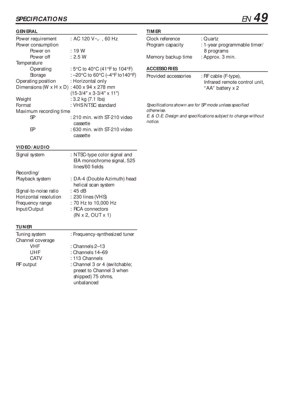 JVC HR-VP683U manual Specifications 