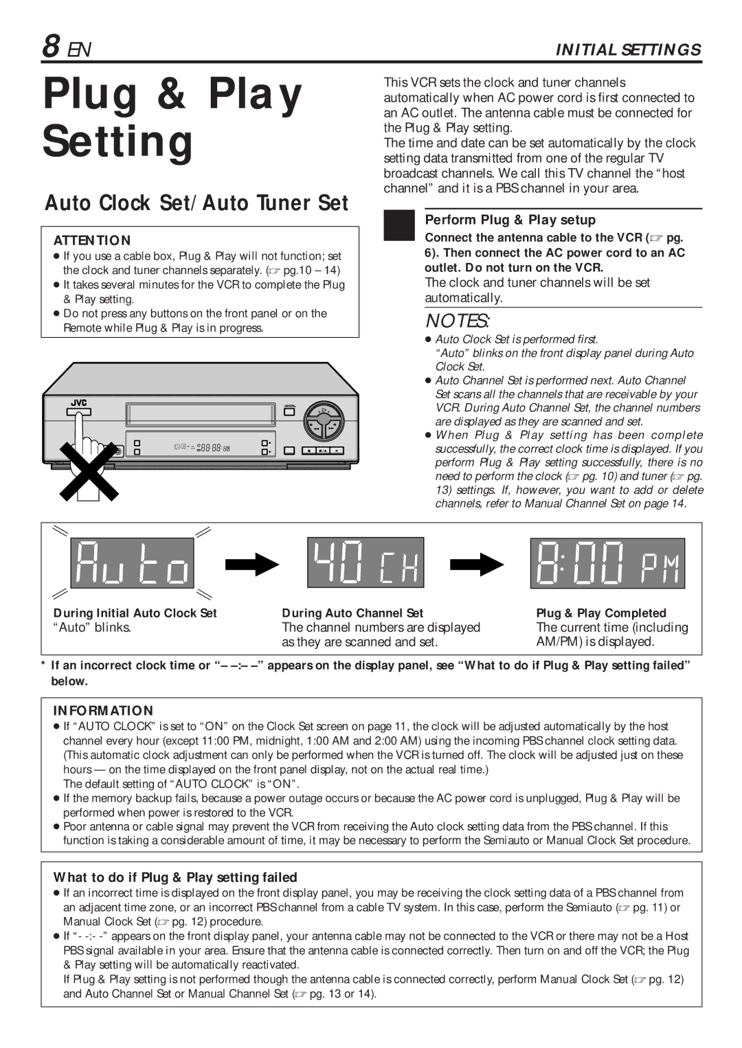 JVC HR-VP683U manual Plug & Play Setting, Perform Plug & Play setup, What to do if Plug & Play setting failed 