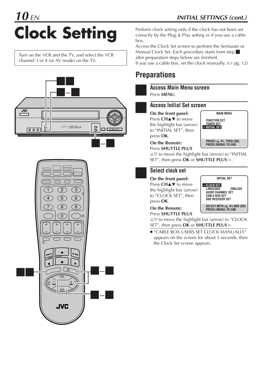 JVC HR-VP68U manual Clock Setting, 10 EN, Preparations, Select clock set 