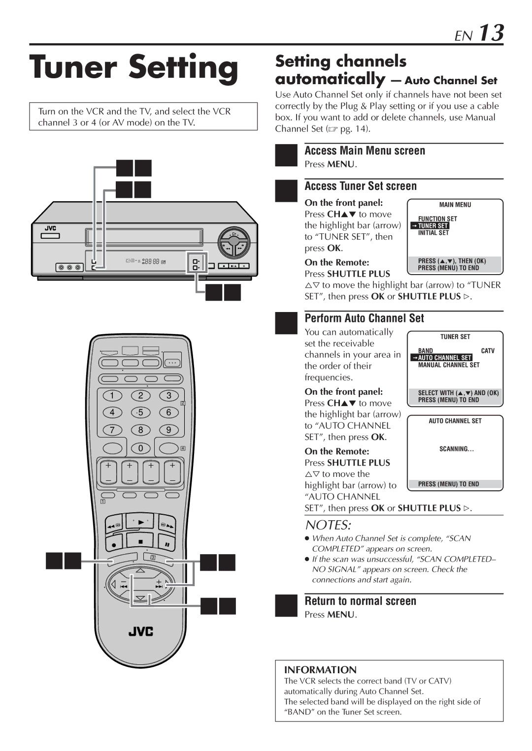 JVC HR-VP68U manual Tuner Setting, Access Tuner Set screen, Perform Auto Channel Set 