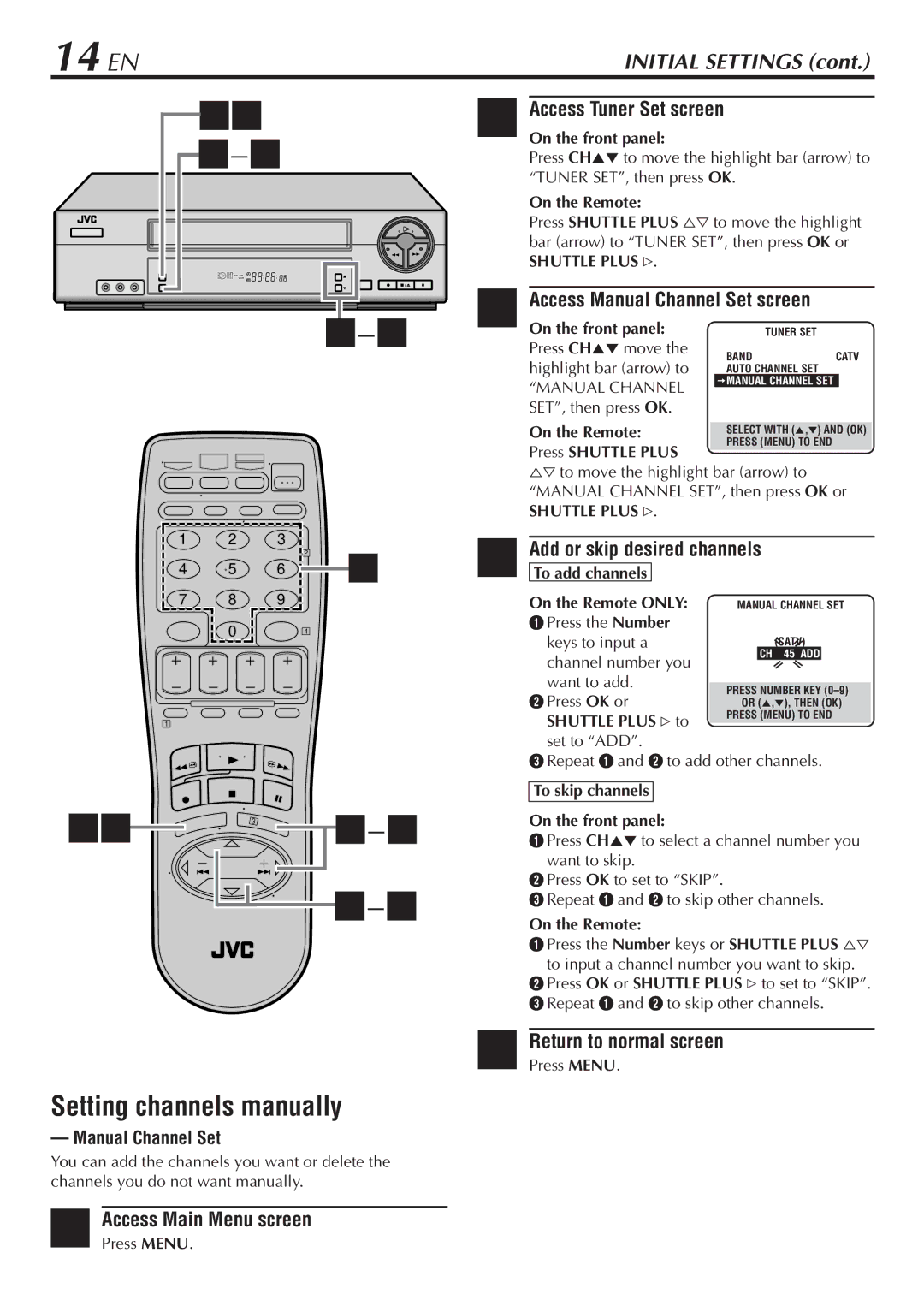 JVC HR-VP68U 14 EN, Setting channels manually, Access Manual Channel Set screen, Add or skip desired channels 