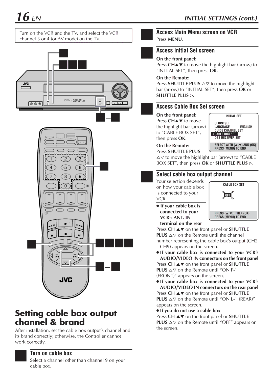 JVC HR-VP68U manual 16 EN, Turn on cable box, Access Cable Box Set screen, Select cable box output channel 