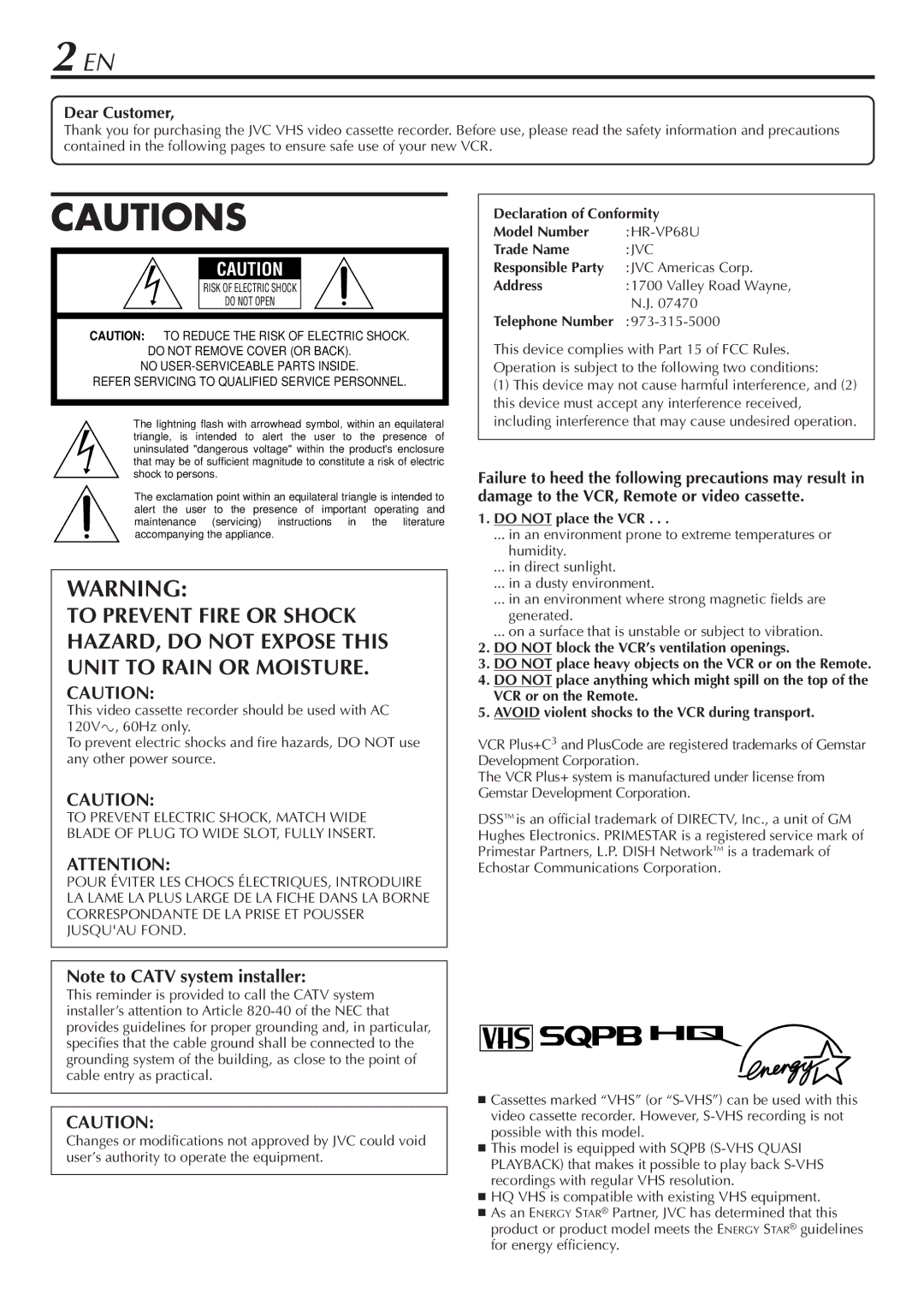 JVC HR-VP68U manual Dear Customer, Telephone Number 