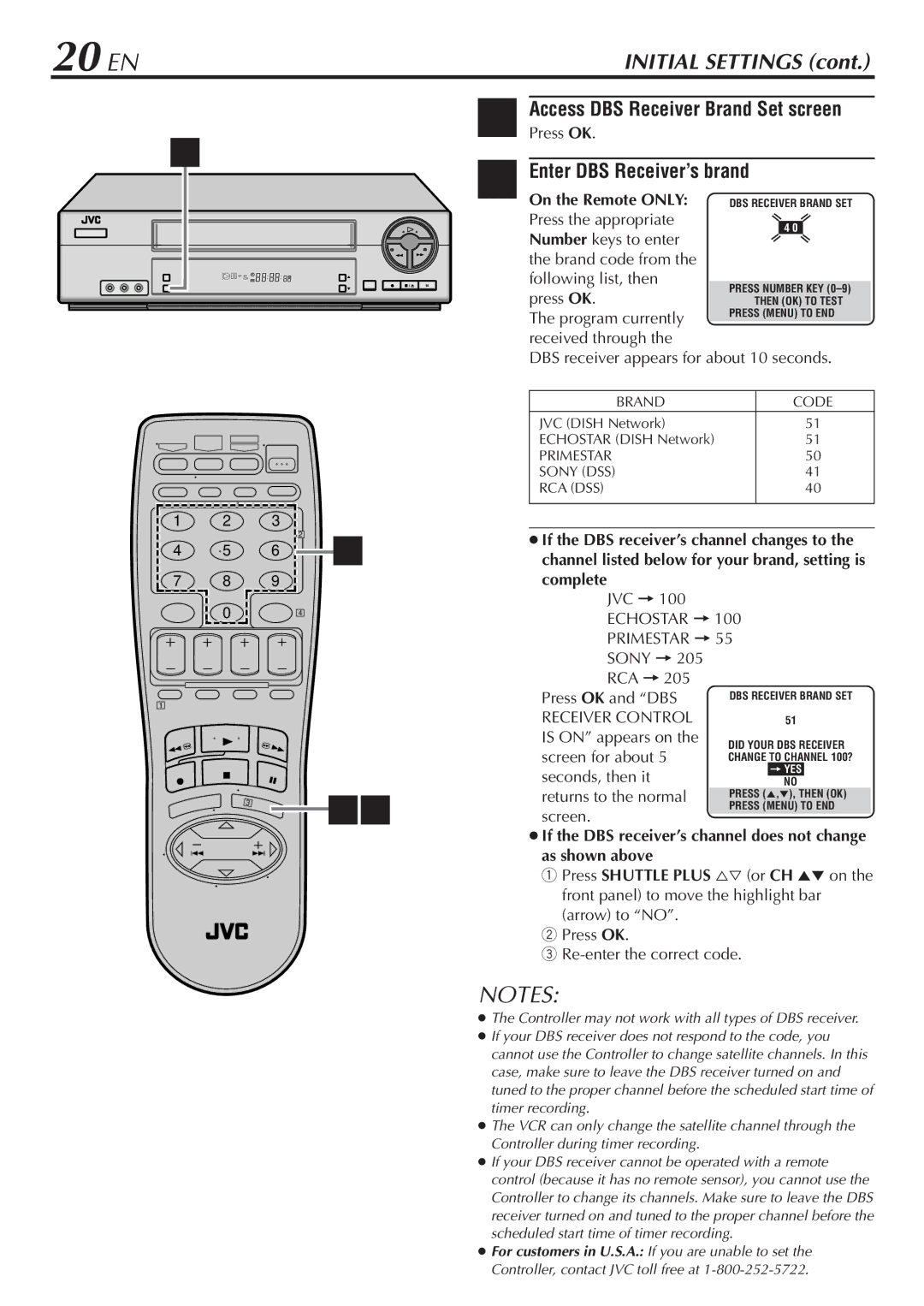 JVC HR-VP68U manual 20 EN, Access DBS Receiver Brand Set screen, Enter DBS Receiver’s brand 