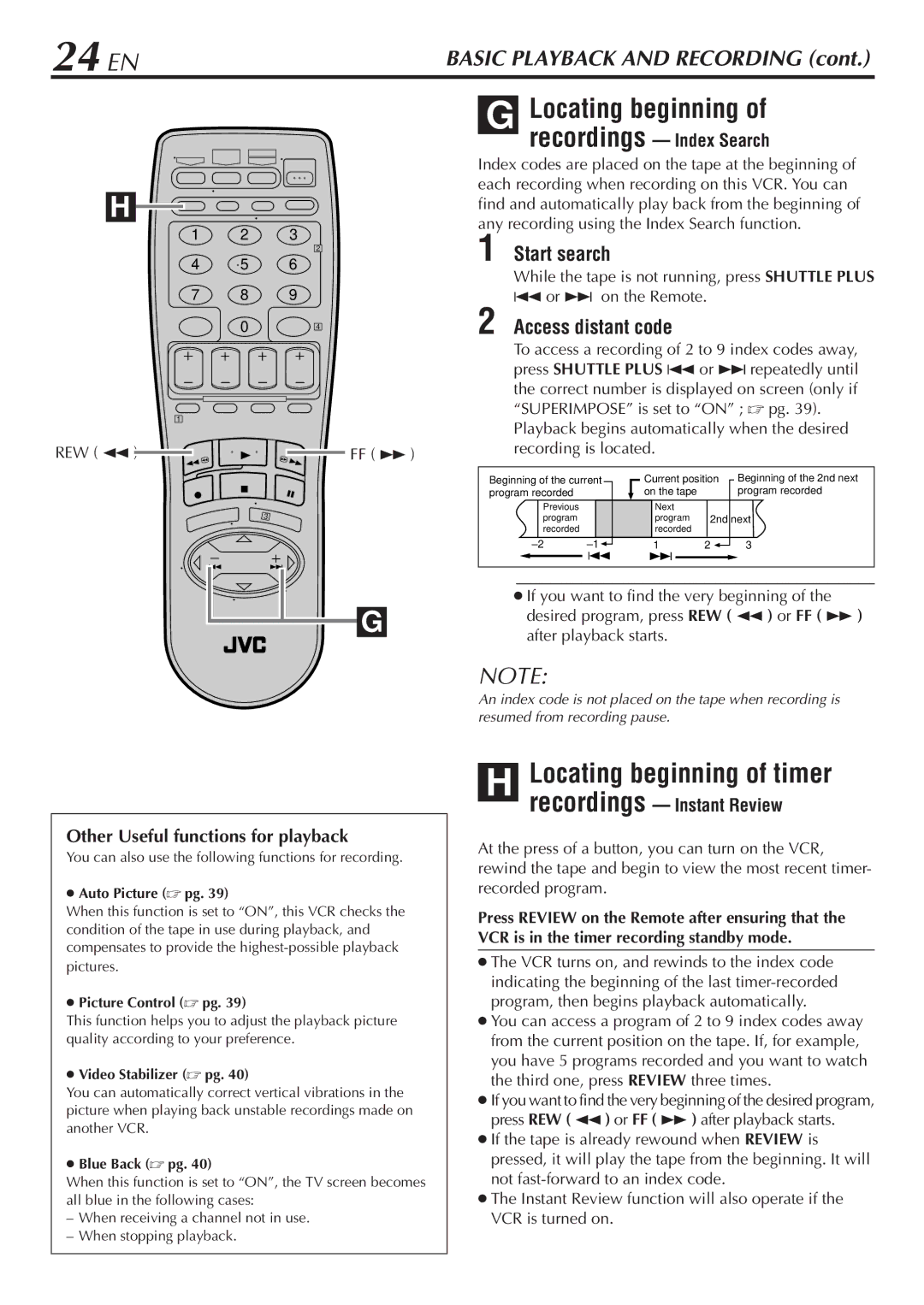 JVC HR-VP68U manual 24 EN, Locating beginning of timer, Start search, Access distant code 