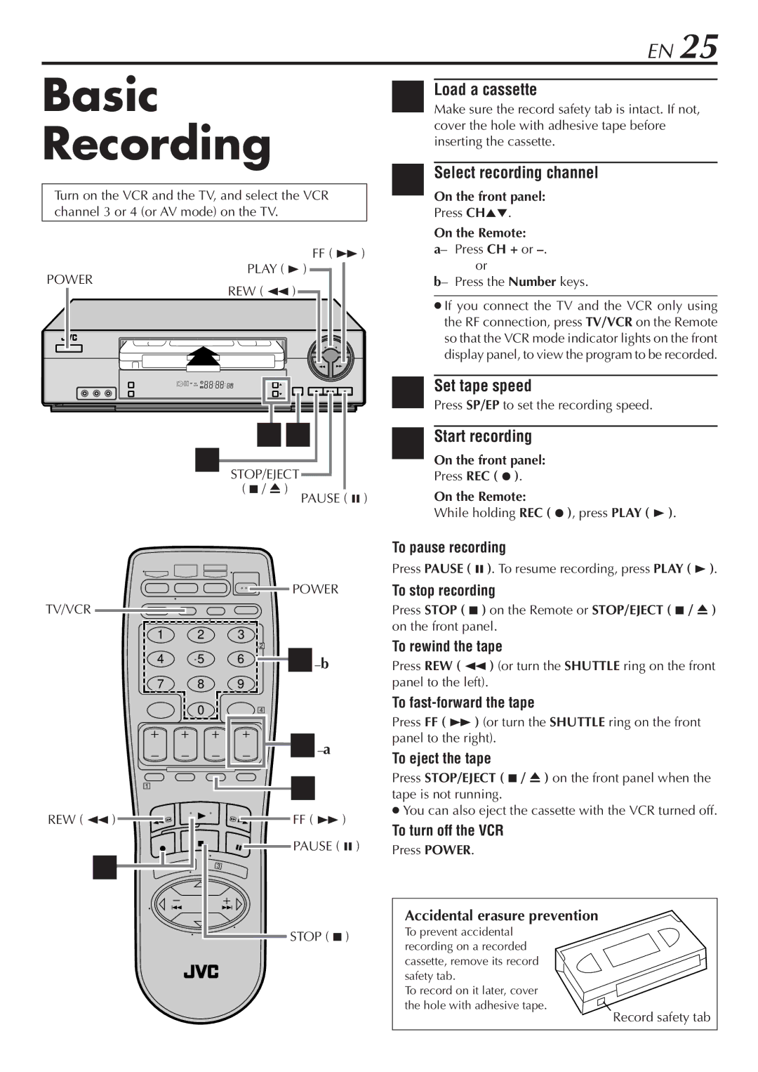 JVC HR-VP68U manual Basic Recording, Select recording channel, Set tape speed, Start recording 