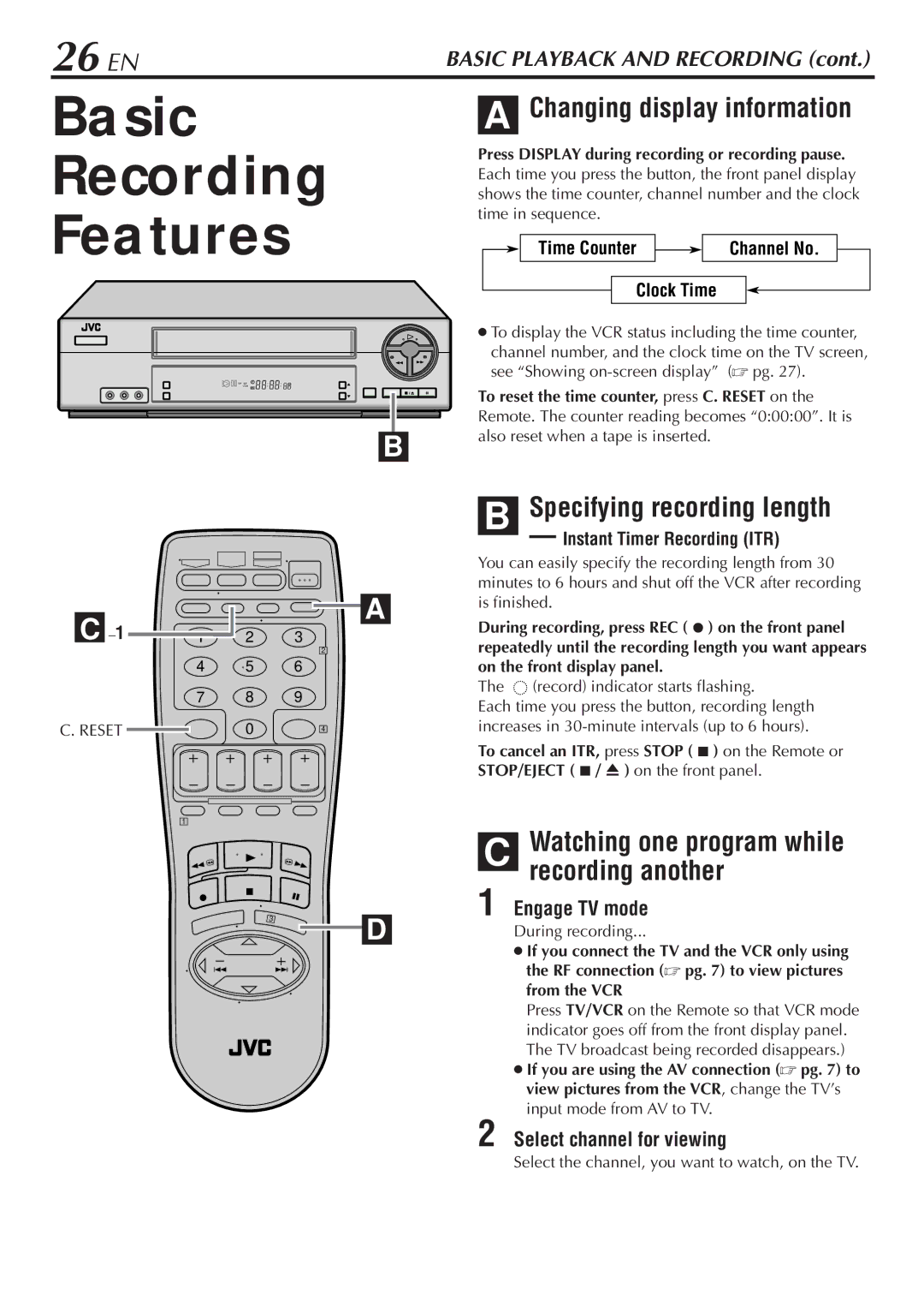 JVC HR-VP68U Basic Recording Features, 26 EN, Specifying recording length, Watching one program while recording another 