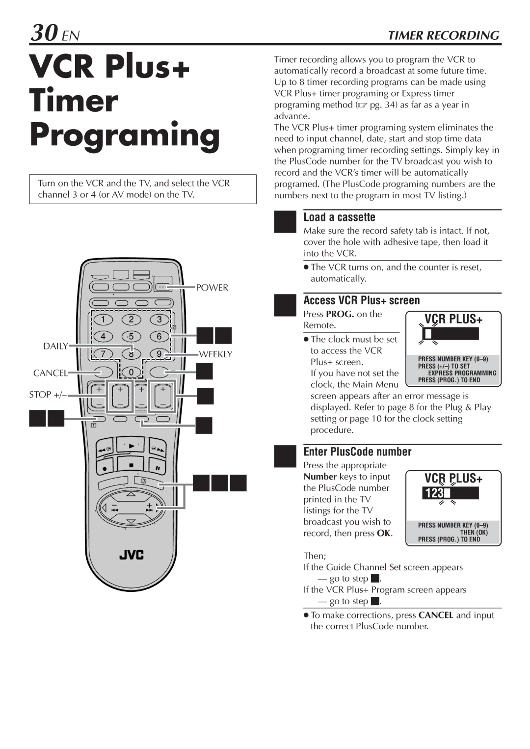 JVC HR-VP68U manual VCR Plus+ Timer Programing, 30 EN 