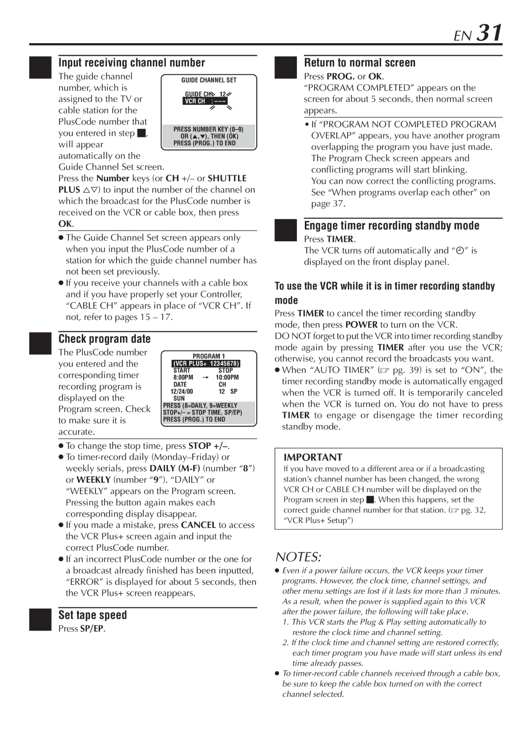 JVC HR-VP68U manual Input receiving channel number, Engage timer recording standby mode, Press SP/EP 