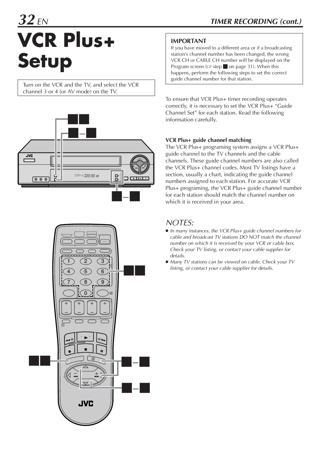 JVC HR-VP68U manual VCR Plus+ Setup, 32 EN, VCR Plus+ guide channel matching 