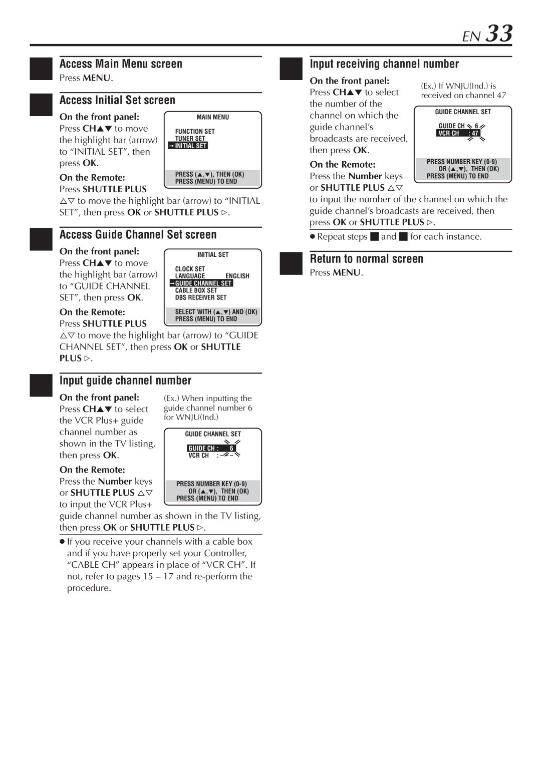 JVC HR-VP68U manual Access Guide Channel Set screen, Input guide channel number 